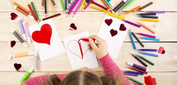 Little girl prepares cards with hearts for Valentine's Day. Drawing and applique work is done by the child using colored pencils or felt-tip pens. Children's drawing. View from above